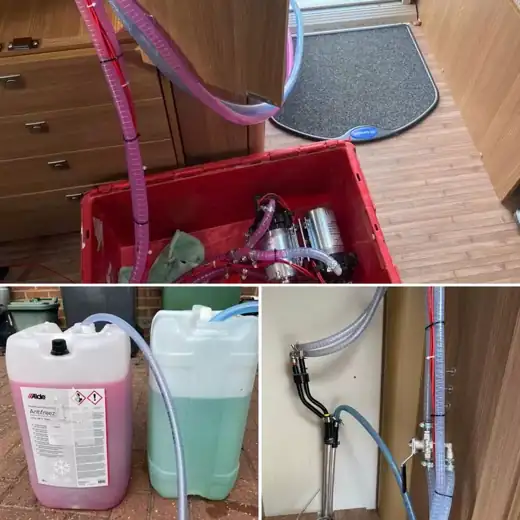 Alde heating fluid being changed in a caravan, with Alde antifreeze and pump equipment