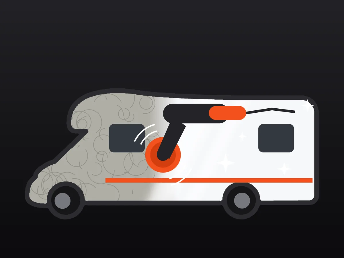 Illustration of a motorhome being machine polished, dull on one side and glossy on the other