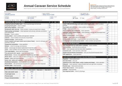 Sample annual caravan service schedule with each item ticked